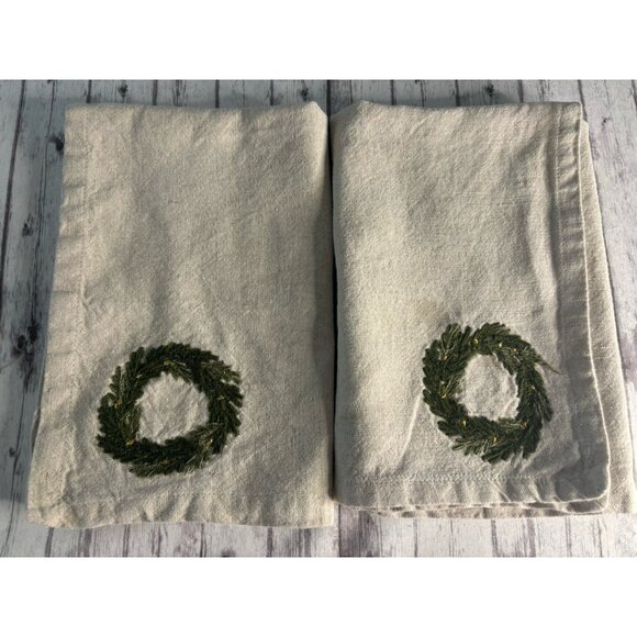 Pottery Barn Rustic Wreath Embroidered Cotton/Linen Napkins - Set Of 2 - Picture 1 of 7
